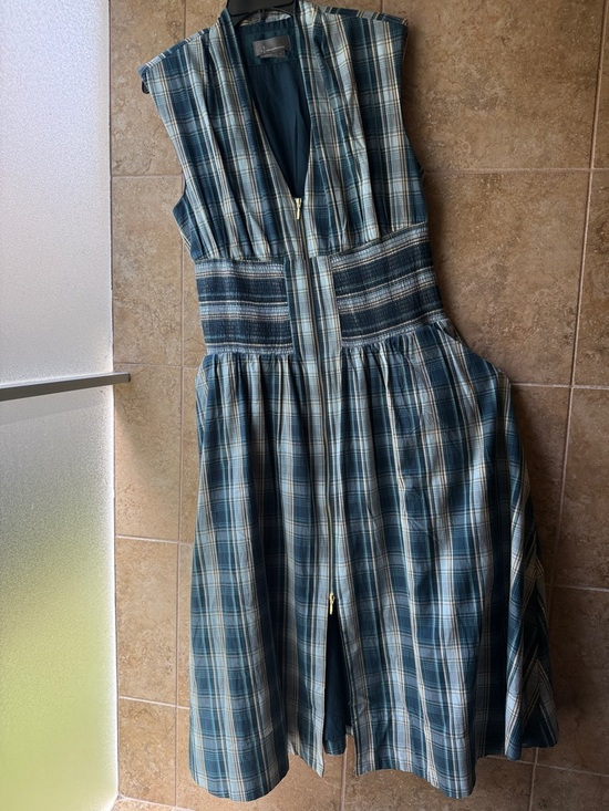 Anthropologie Dresses & Skirts - The Tommie Midi Dress Cap-sleeve Blue Plaid Zip-Front Pockets Anthropologie L